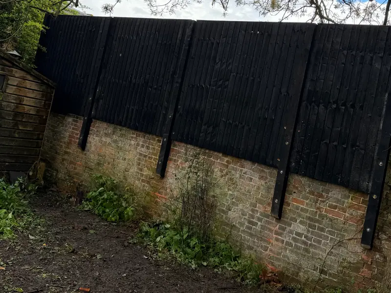 Black stained closeboard fence fixed on posts above an old brick garden wall